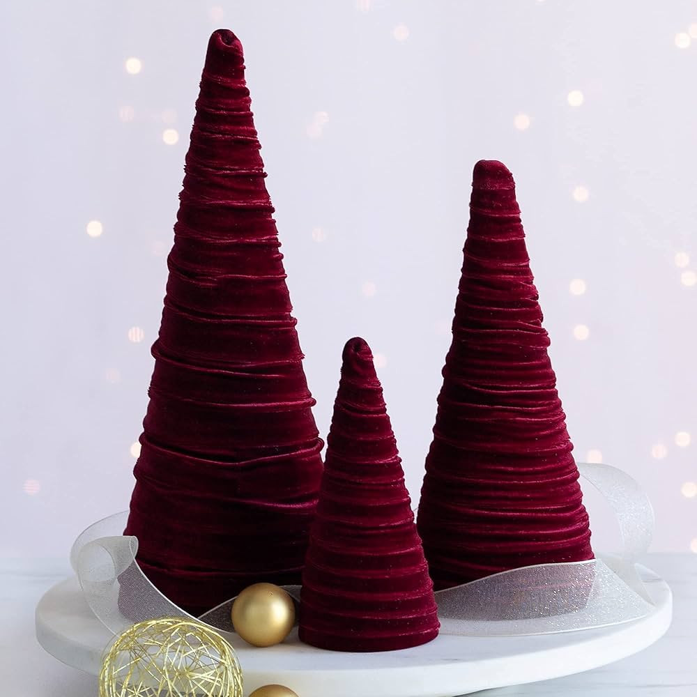 Burgundy Velvet Trees Set of 3, Modern Christmas Decor, Mantel Décor, Holiday Entryway, Rustic W... | Amazon (US)