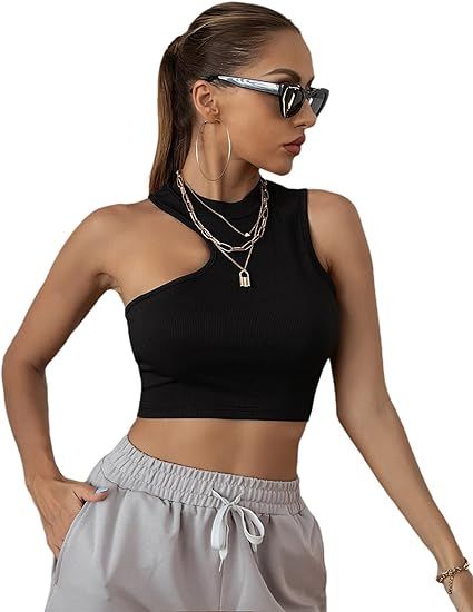 SheIn Women's One Shoulder Mock Neck Ribbed Knit Crop Tank Top Sleeveless Asymmetrical Crop Tops | Amazon (US)