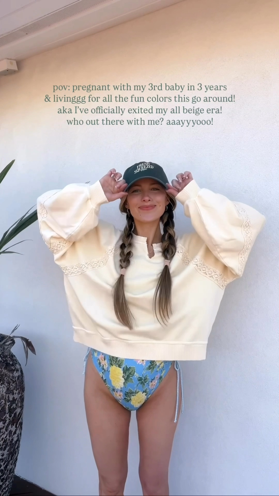 swimsuit is 25% off right now & such an adorable fit!!! yellow sweater … she speaks for herself!!! 💛🍋 whole look is from American Eagle!!! unfortunately can’t find the exact hat but they do have some similar ones!!! 