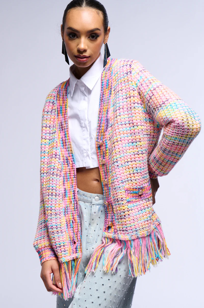 LOOKIN IN THE MIRROR MULTICOLOR FRINGE CARDIGAN | AKIRA