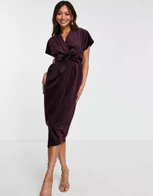 Closet London kimono sleeve velvet midi dress with wrap tie in plum | ASOS (Global)