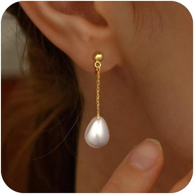 Pearl Earrings for Women, Trendy 14k Gold Pearl Dangle Drop Hoop Huggies Earrings Cubic Wedding Gold Earrings chain 1.17*0.12 | Target