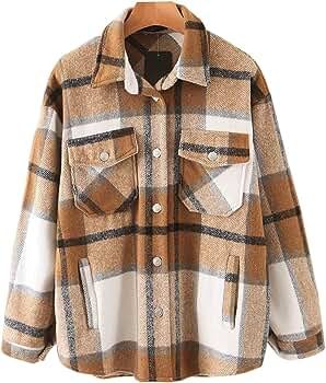 Women's Wool Blend Plaid Flannel Button Down Shacket Shirts Jacket Coats | Amazon (US)