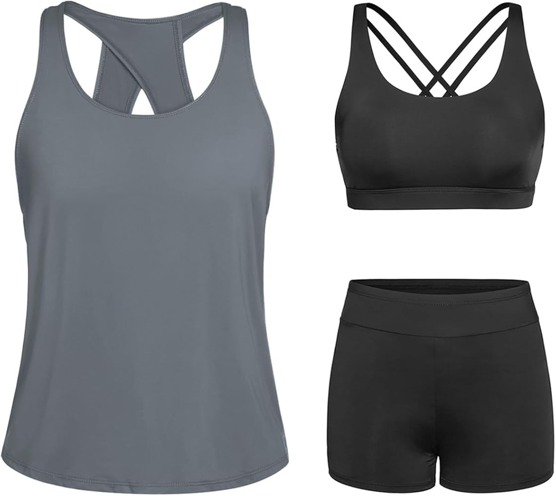 Tempt Me 3 Piece Tankini Swimsuits for Women Athletic Bathing Suits Swim Tank Top with Boy Shorts... | Amazon (US)