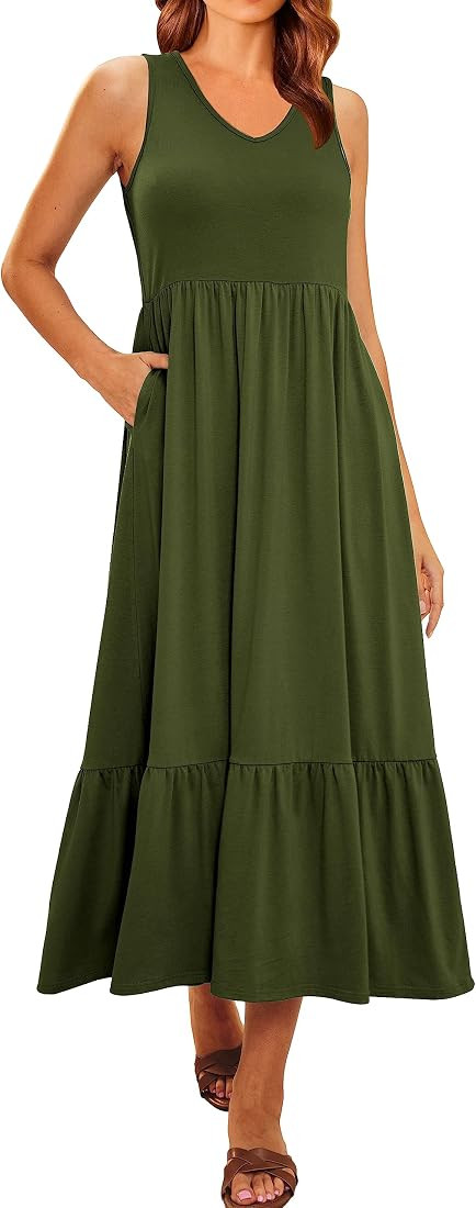LILLUSORY Womens Summer Casual Sleeveless V Neck Flowy Tiered Midi Dresses with Pockets | Amazon (US)