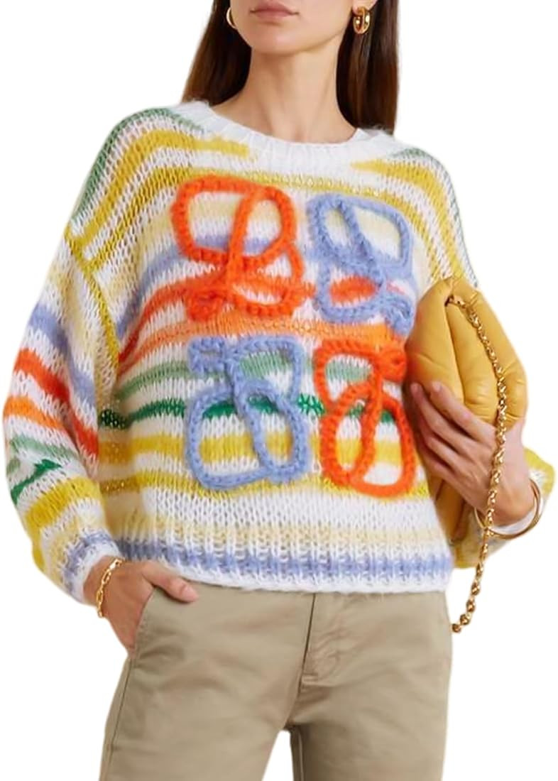 Wyeysyt Womens Oversized Sweater Rainbow Contrast Striped Batwing Long Sleeve Crochet Pullover Sw... | Amazon (US)