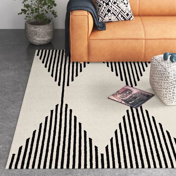 Kaden Handmade Contemporary Diamond Striped Wool Ivory/Black Rug | Wayfair North America