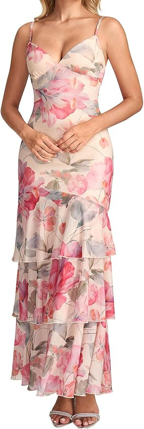 Amazon.com: Auraxe Bodycon Floral Wedding Guest Dress Tiered Mesh Backless Semi Formal Long Maxi ... | Amazon (US)