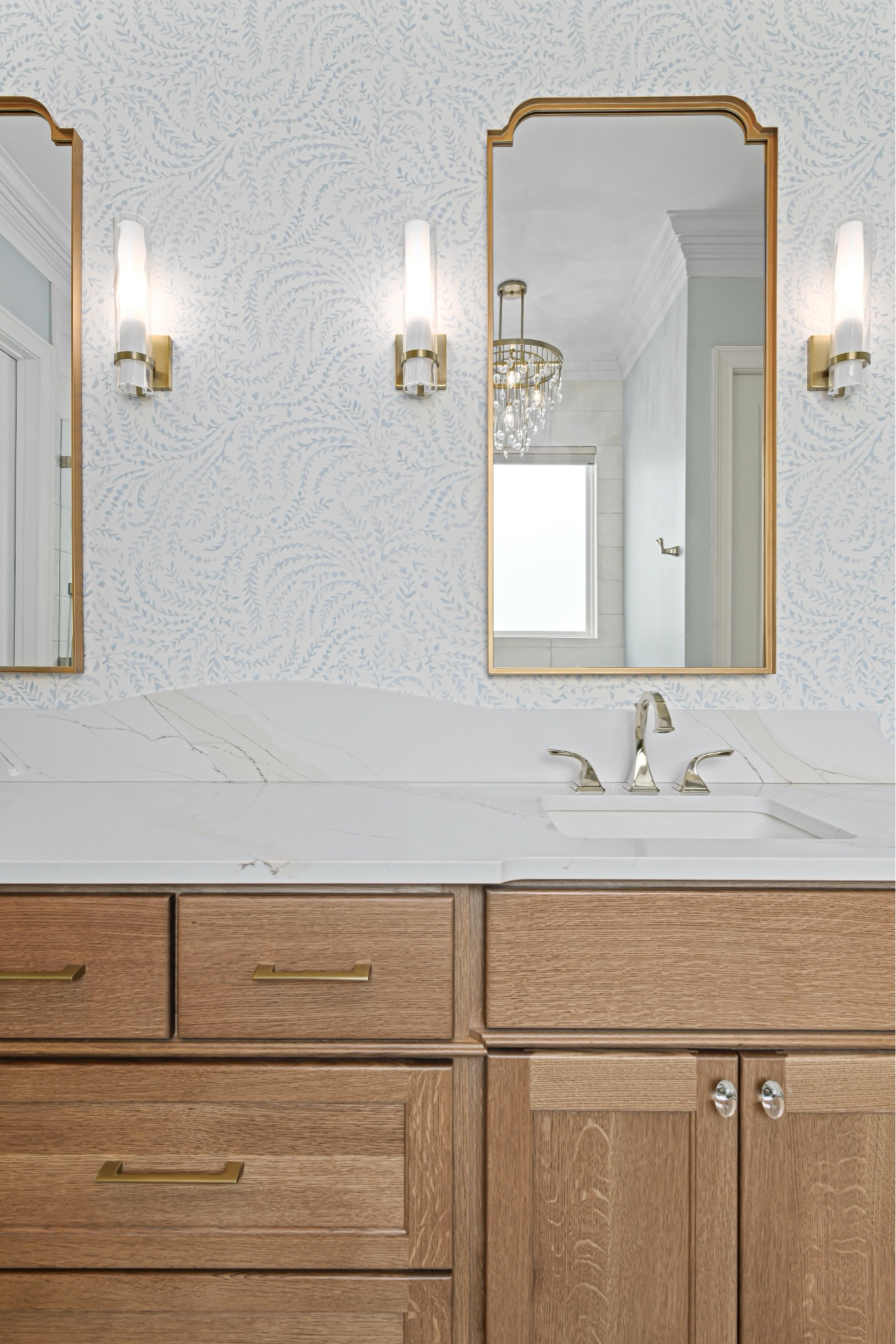 Coastal elegant bathroom. Blue bathroom. Bathroom lighting, bathroom mirror. Wallpaper 