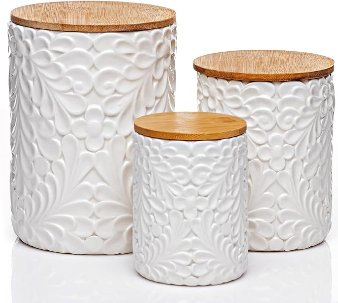 Engraved Design Kitchen Canisters Set of 3 with 74 Oz, 36 Oz, and 18 Oz - White Storage Jars for ... | Amazon (US)