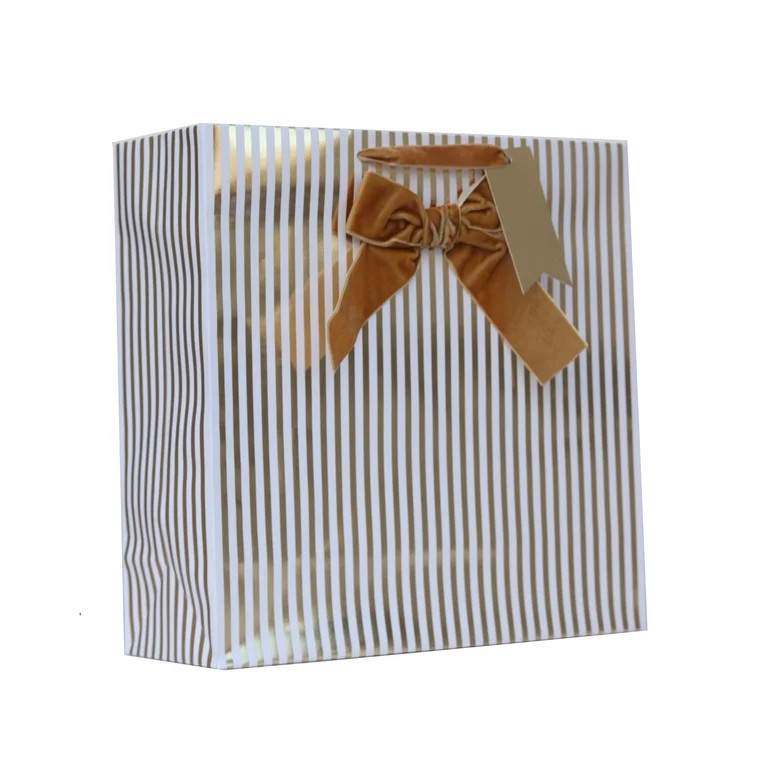 Large White and Gold Stripe Christmas Paper Gift Bag, 12" x 4.5" x 12", by My Texas House | Walmart (US)
