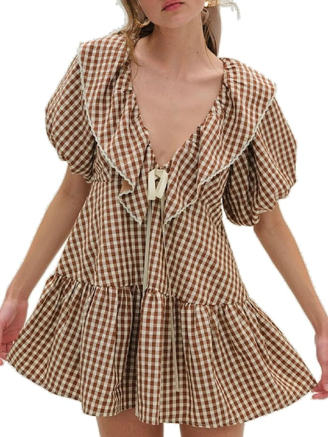 Juakoso Women Short Puff Sleeve Babydoll Dress Cute Print Bow Tie A-line Ruffle Mini Dress Casual... | Amazon (US)