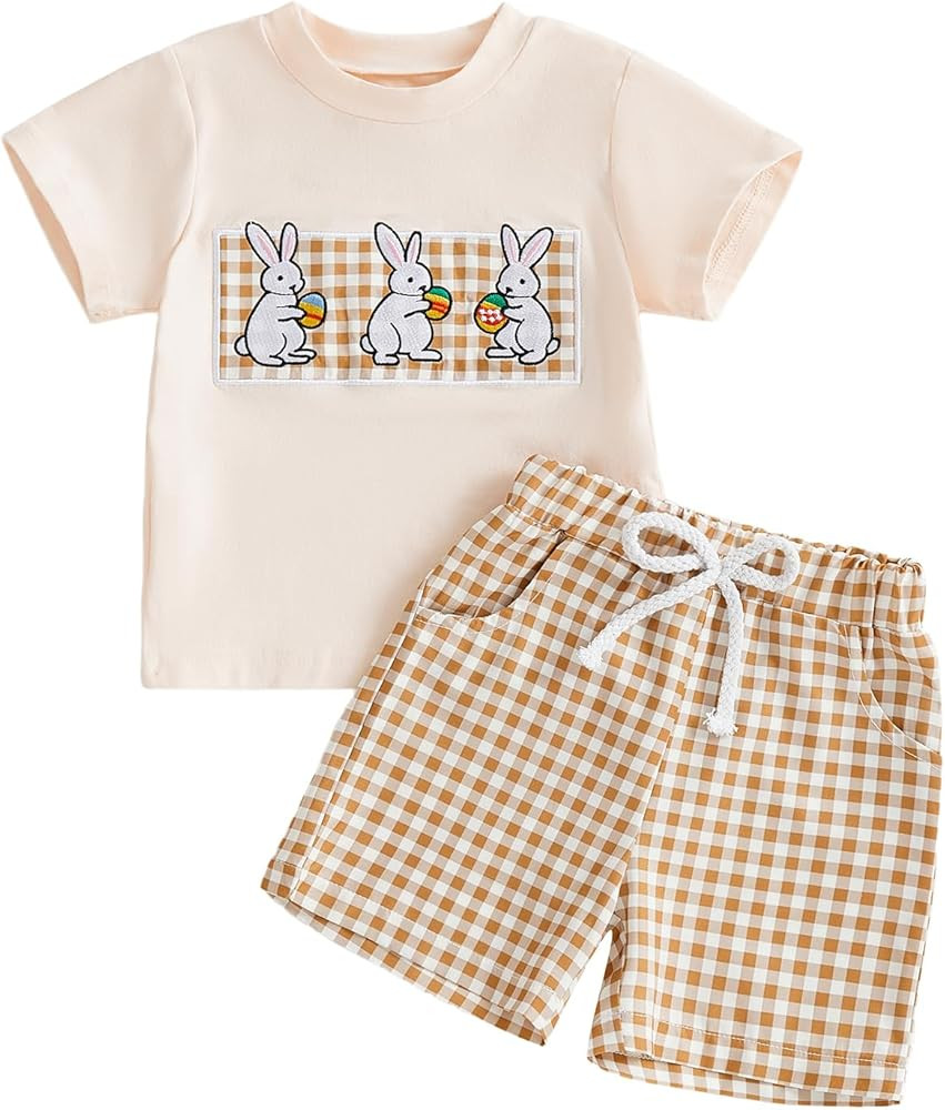 VISGOGO 2Pcs Baby Boy Easter Outfits Short Sleeve Todder Easter Bunny Carrot Embroidery T-Shirt +... | Amazon (US)