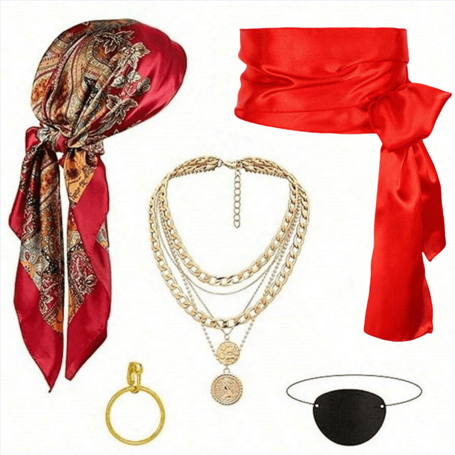 5pcs Pirate Costume Accessories Set, Includes Women Pirate Hat, Pirate Scarf, Pirate Waist Belt, Jumpsuit Decoration And Multi-Colors Halloween | SHEIN