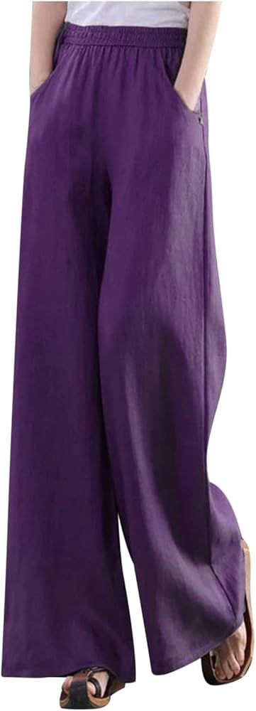 Womens Straight-Leg Pull-on Pants Cotton Linen Trousers Palazzo Lounge Pants Slacks Summer Casual... | Amazon (US)