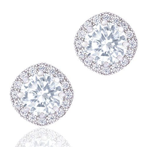 Orrous Co Premium 18k Cubic Zirconia Earrings - Beautiful White Gold Plated Studs - 1.90 Carats Round Cut Cubic Zirconia - Cushion Shaped Gemstone Halo - Beautiful and Elegant Present Idea | Amazon (US)