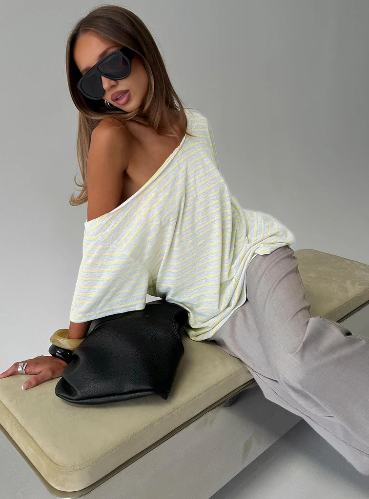Winny Off Shoulder Tee Grey Marle / Lemon Stripe | Princess Polly US