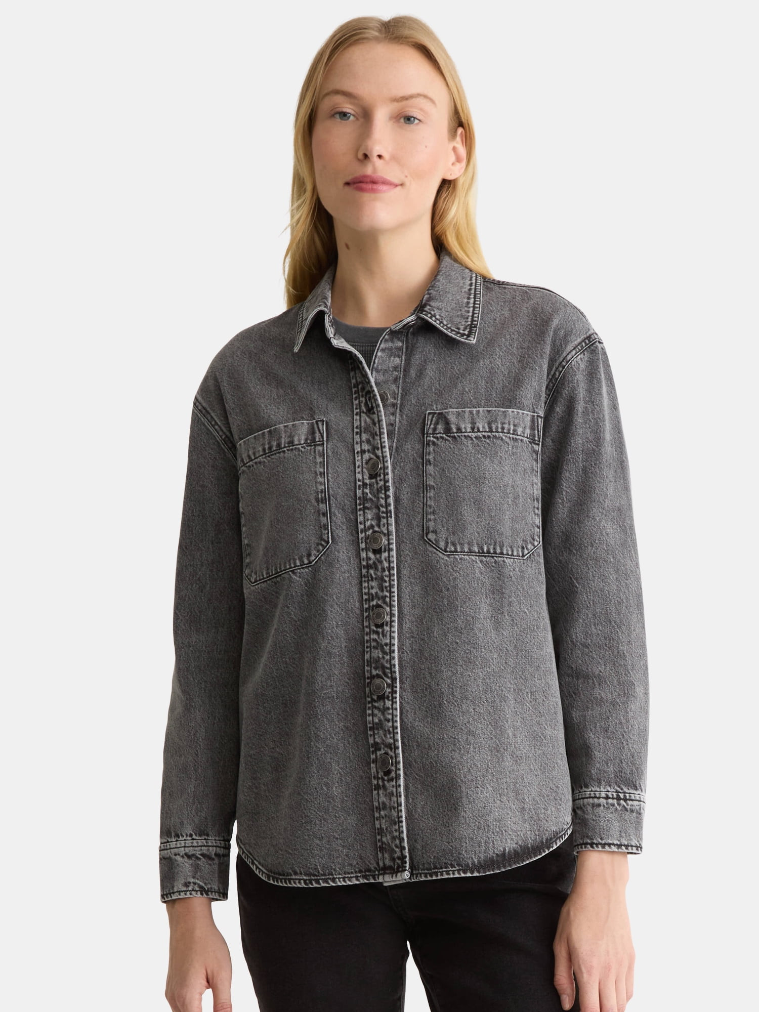 Time and Tru Women's Denim Overshirt with Long Sleeves, Sizes XS-XXXL | Walmart (US)
