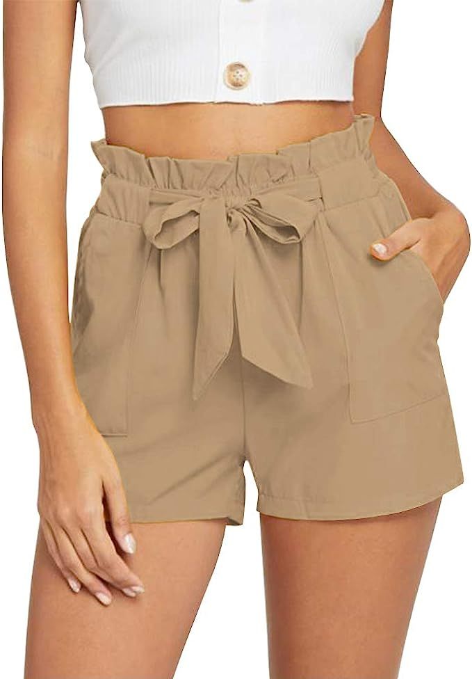 NEWFANGLE Women's Casual Paper Bag Shorts Elastic Tie Waist with Pocket Comfy Summer Shorts for W... | Amazon (US)