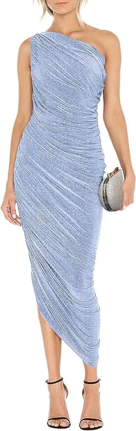 Women's One Shoulder Cocktail Dress Glitter Sexy Ruched Bodycon Irregular Hem Prom Formal Party M... | Amazon (US)