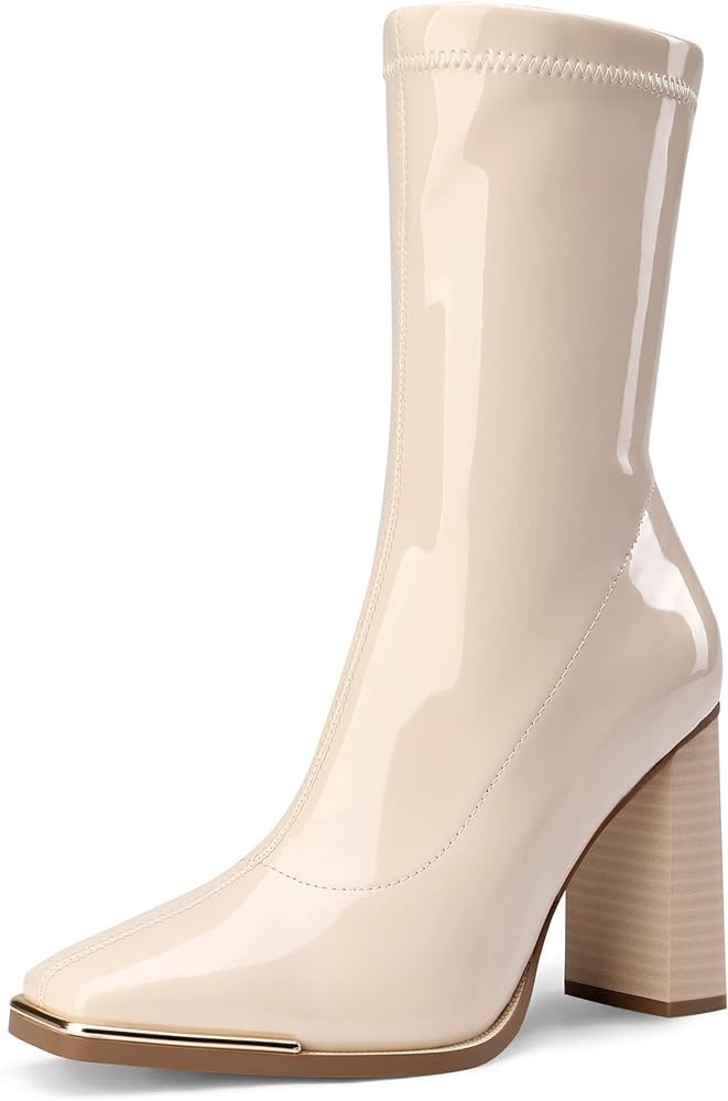 DREAM PAIRS Women's Square Toe Gogo Boots Elastic Ankle Boots High Chunky Block Heel Mid Calf Boo... | Amazon (US)