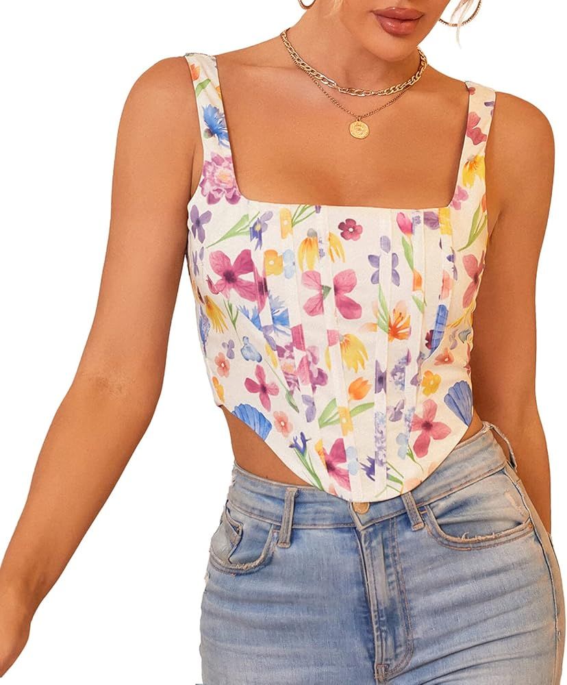 Women's Summer Floral Corset Crop Top Strap Boned Bustier Cute Zip Back Party Bodyshaper | Amazon (US)