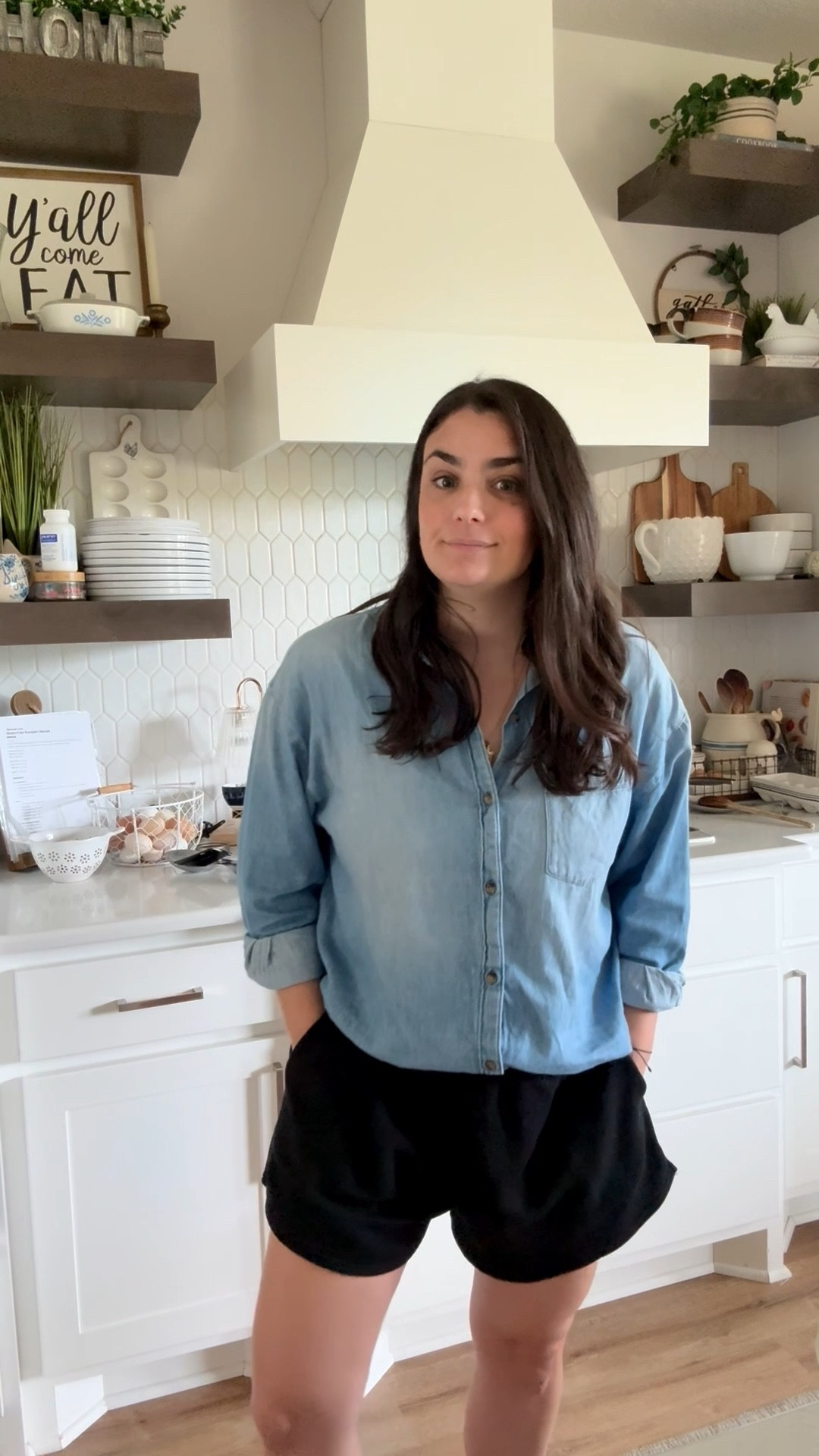 $8 Walmart shorts + Old Navy denim top 