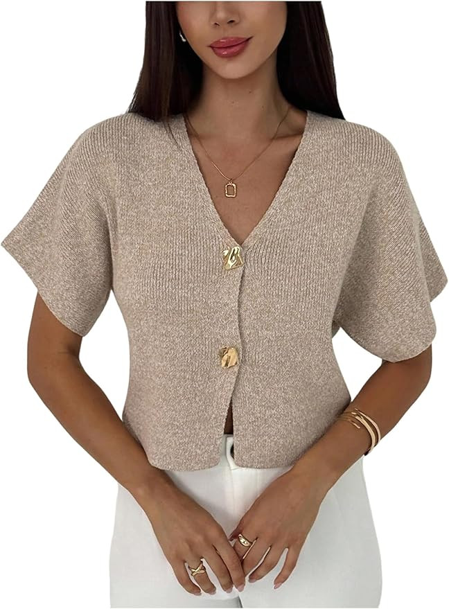 QJQ Women's Short Sleeve Cardigan Sweater Button Down Knit Tops V Neck Lightweight Pullover Tops | Amazon (US)