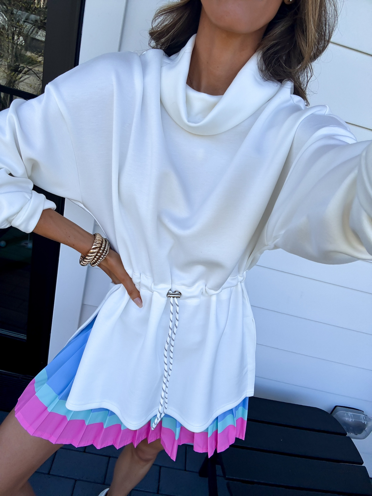 Wearing snall pullover and pleated fold over skort 

#LTKselfcare #LTKmomlife #LTKfitnessgoals