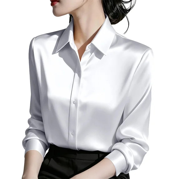 CaComMARK PI Women's Satin Blouse Long Sleeve Button Down Shirt Business Casual Dressy office Top... | Walmart (US)