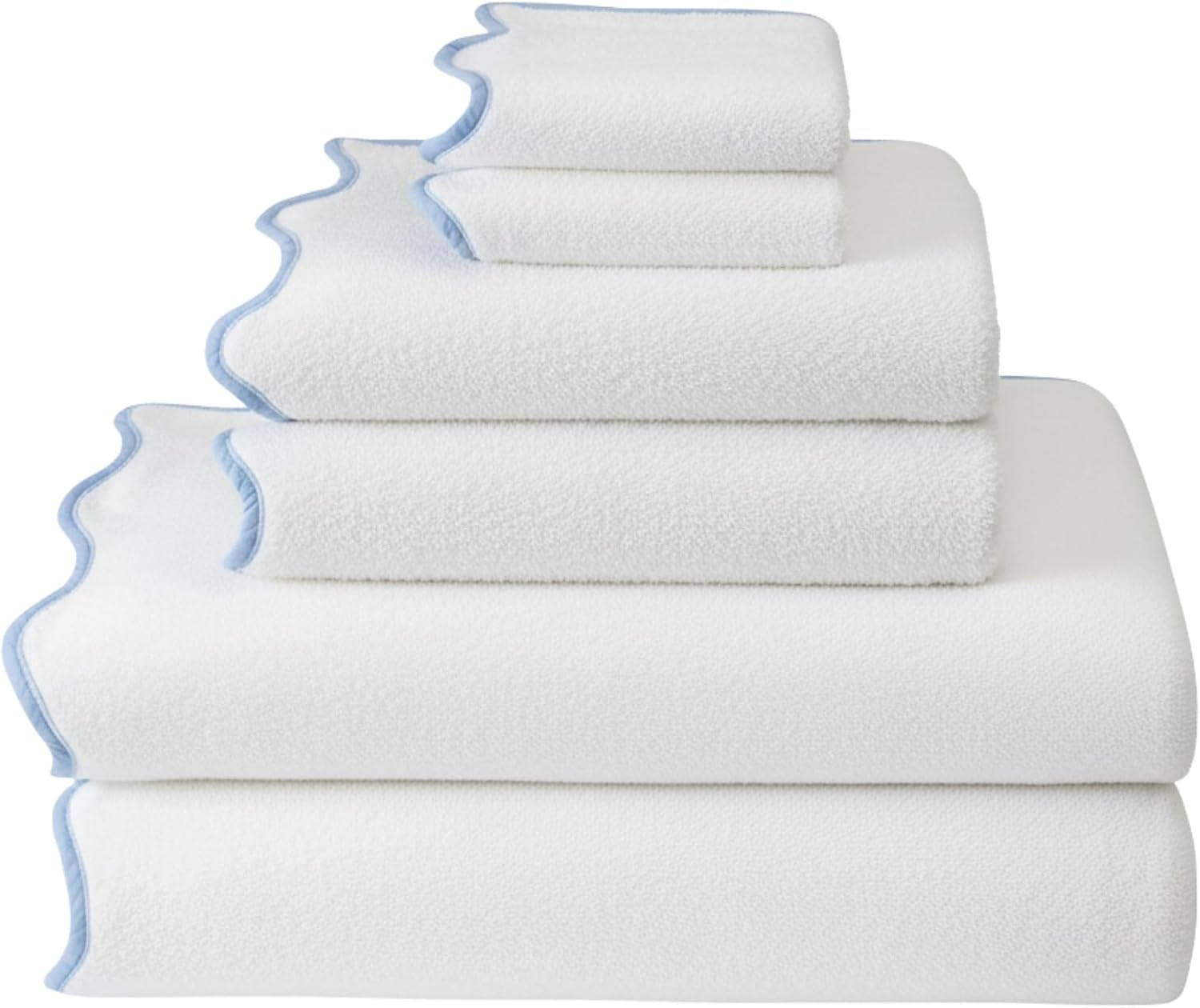 Lotus Linen Scallop Piping Towel Set of 6,100% Zero Twist Cotton, 2 Bath, 2 Hand Towels, 2 Washcloths, Hanging Loops, Soft Absorbent Bathroom Essentials (Dispenza Blue Piping, Towel Set (Pack of 6)) | Amazon (US)