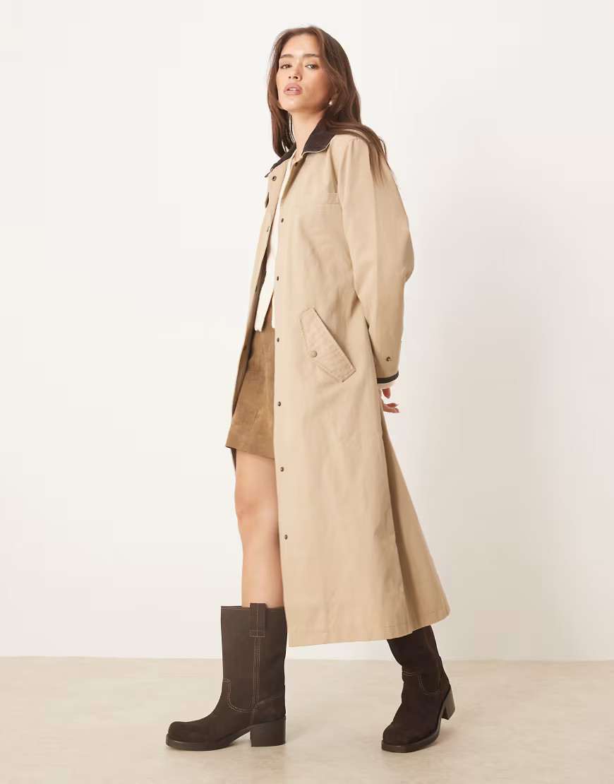 Abercrombie & Fitch waxed cotton maxi trench coat in tan-Green | ASOS (Global)
