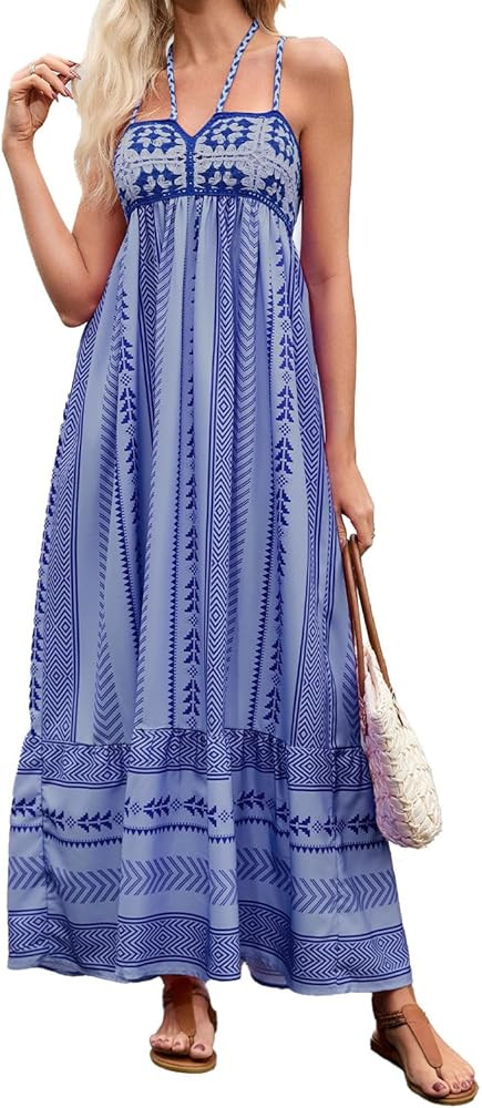 ABYOVRT Women Boho Maxi Dress Crochet Patchwork Sleeveless Long Flowy Swing Dress Pink Beach Sund... | Amazon (US)