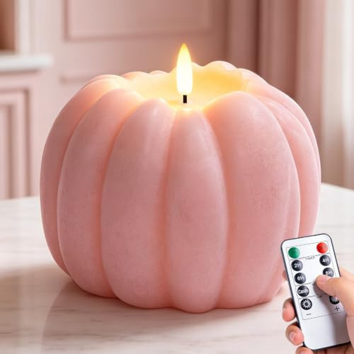 Pink Pumpkin Decor, Fall Decorations for Home - Flameless Pumpkin Candle with Remote and Timer, LED Flickering Battery Operated Candle for Fall Decor, 5.31" W, 5.1" H | Amazon (US)