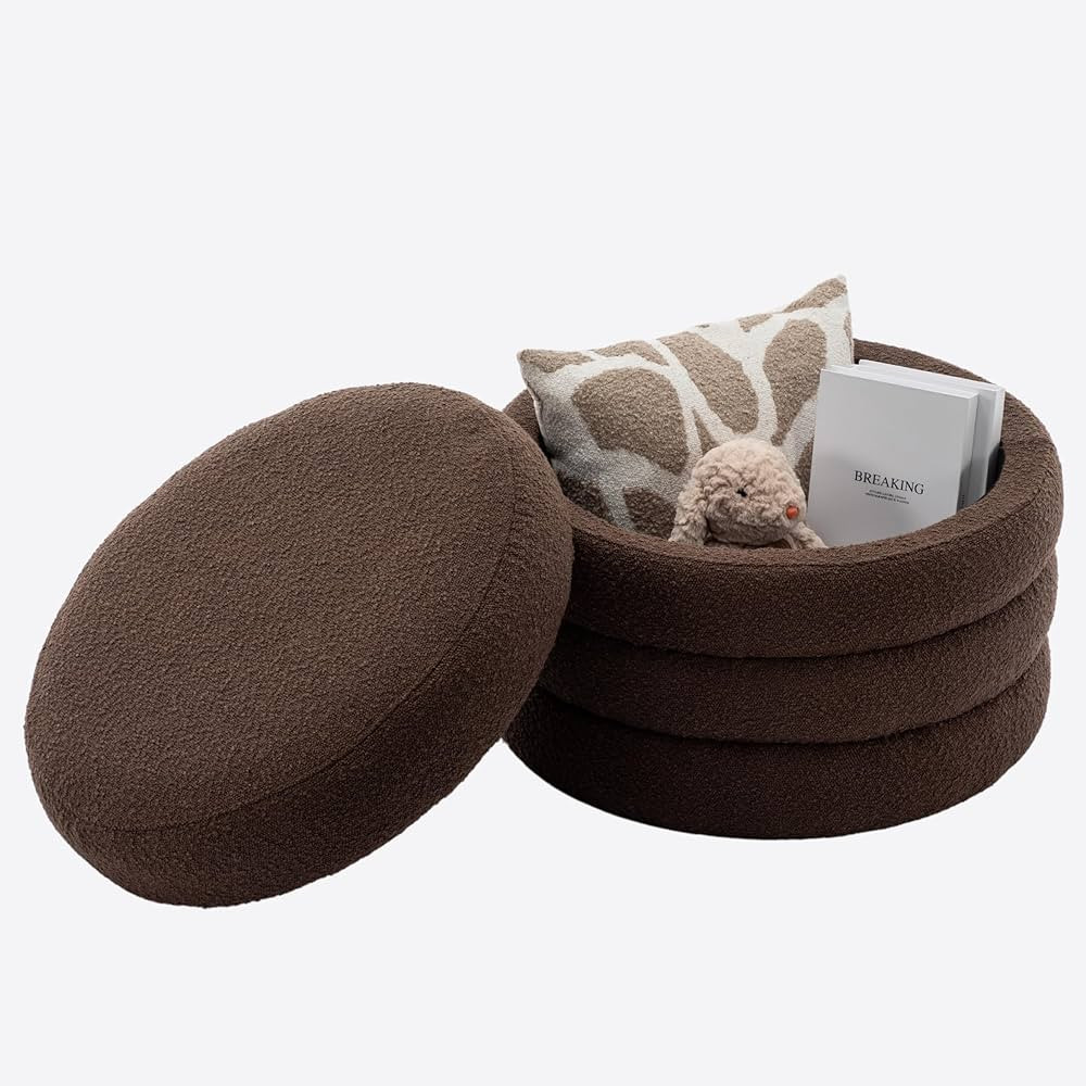 Boucle Round Storage Ottoman, Foot Rest for Couch, Velvet Round Ottoman Stool with Storage, Vanit... | Amazon (US)