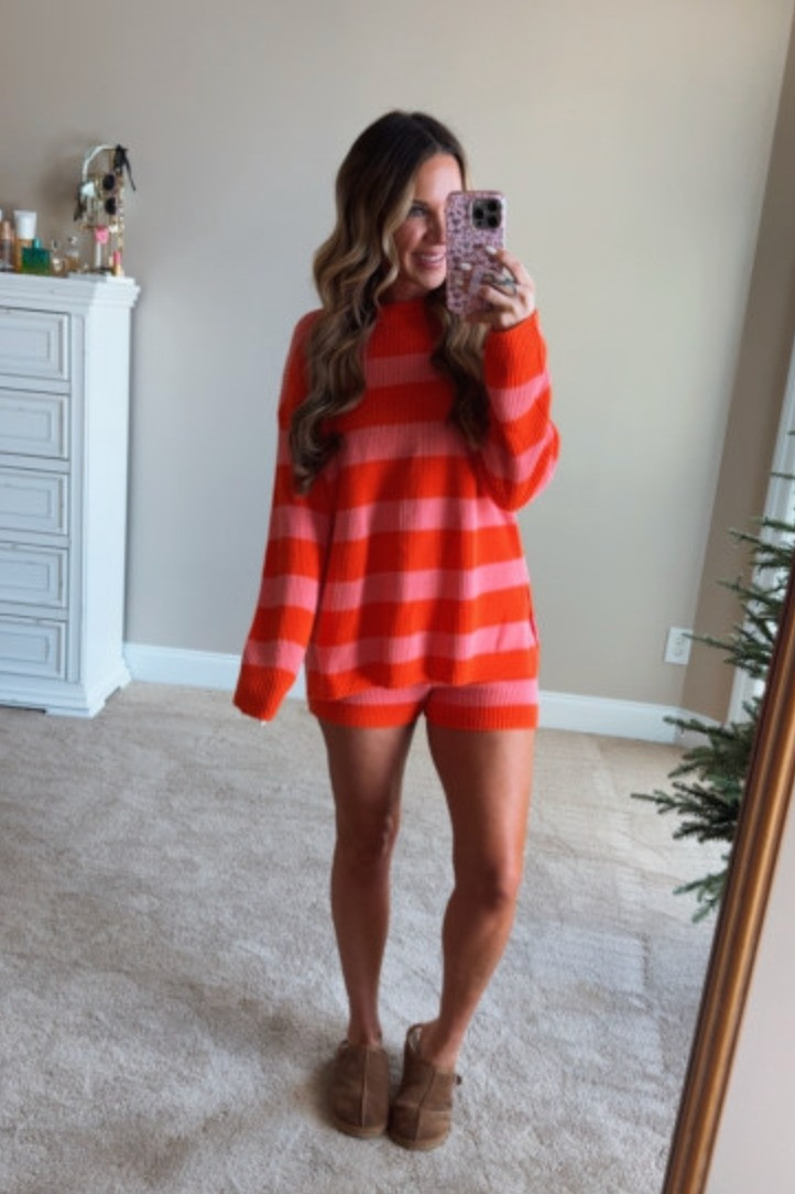 I am loving this orange and pink combo for spring and summer! When it warms up, I can mix and match both pieces, and throw on this striped sweater with a pair of denim shorts for a totally different look.  I'm wearing a size small in this 2 piece sweater and shorts set. 

 #LTKootd #LTKSeasonal