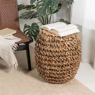 Sage 21 in. Rustic Bohemian Barrel-Style Abaca/Iron Handwoven Stool, Brown | The Home Depot