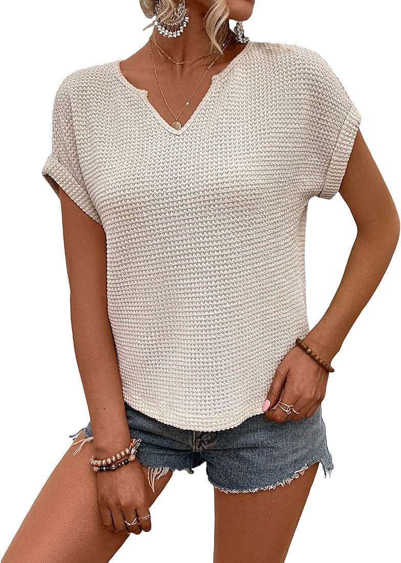 Cozyease Women's Waffle Knit Short Sleeve Notched Neck Tee Top Plain Casual Shirt Top | Amazon (US)