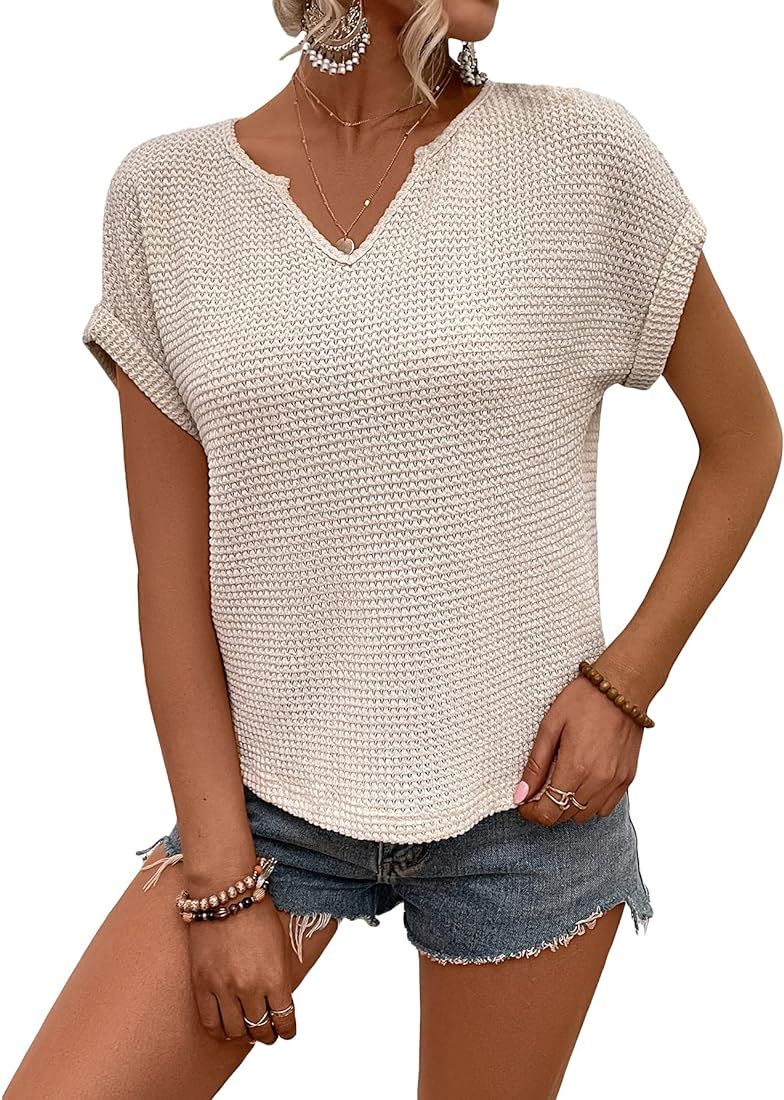 Cozyease Women's Waffle Knit Short Sleeve Notched Neck Tee Top Plain Casual Shirt Top | Amazon (US)