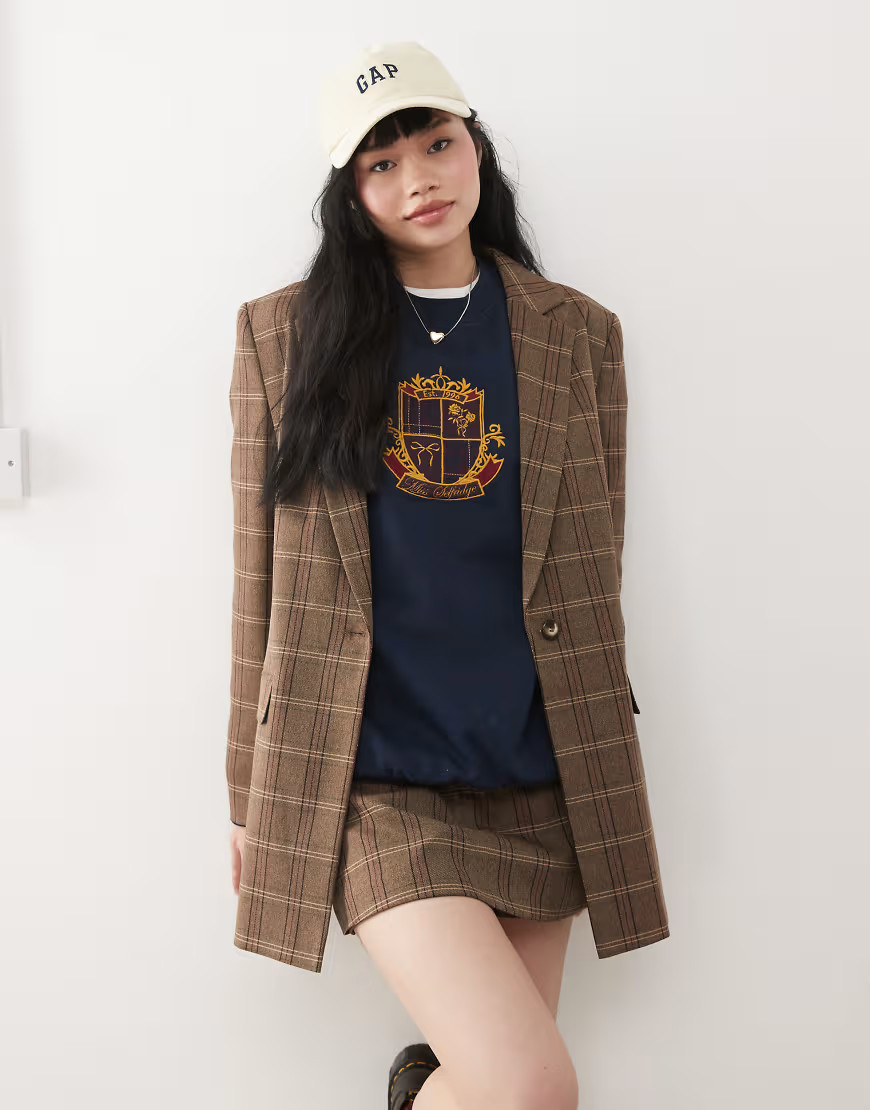 Miss Selfridge co-ord tailored oversized blazer in check print-Brown | ASOS (Global)