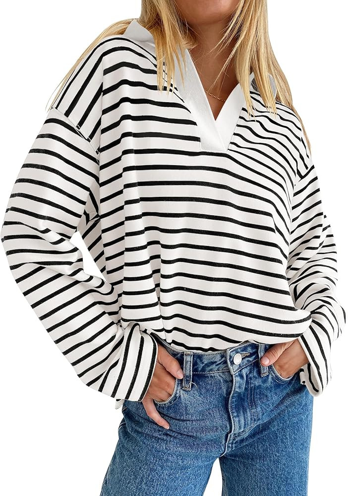 ZESICA Womens Striped Long Sleeve Shirts 2024 Casual V Neck Oversized Sweatshirt Loose Fit Tunic ... | Amazon (US)