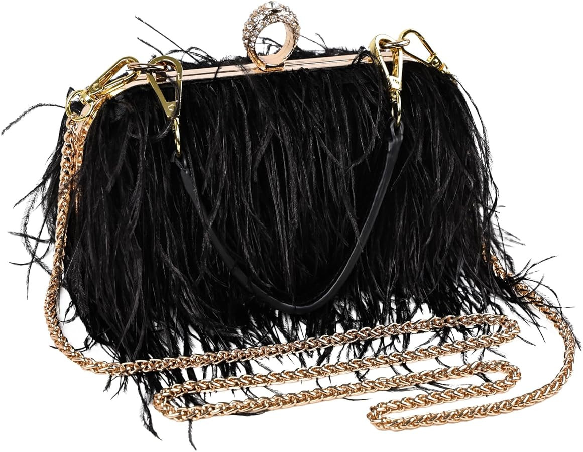 Women Ostrich Feather Tote Bag Fluffy Purse Clutch Feather Shoulder Crossbody Bag Evening Handbag... | Amazon (US)
