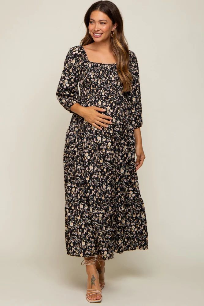 Black Floral Smocked Tiered Maternity Midi Dress | PinkBlush Maternity