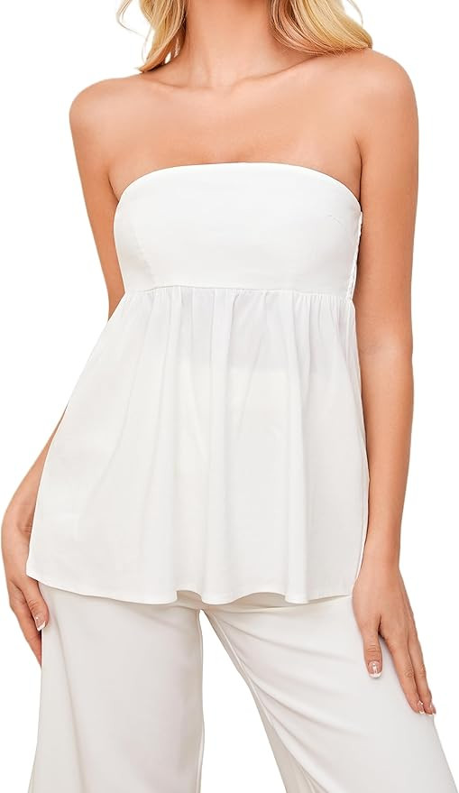 Ythomm Womens’s Ruffle Hem Bandeau Tube Tops Casual Sleeveless Strapless Peplum Flowy Blouse Sh... | Amazon (US)
