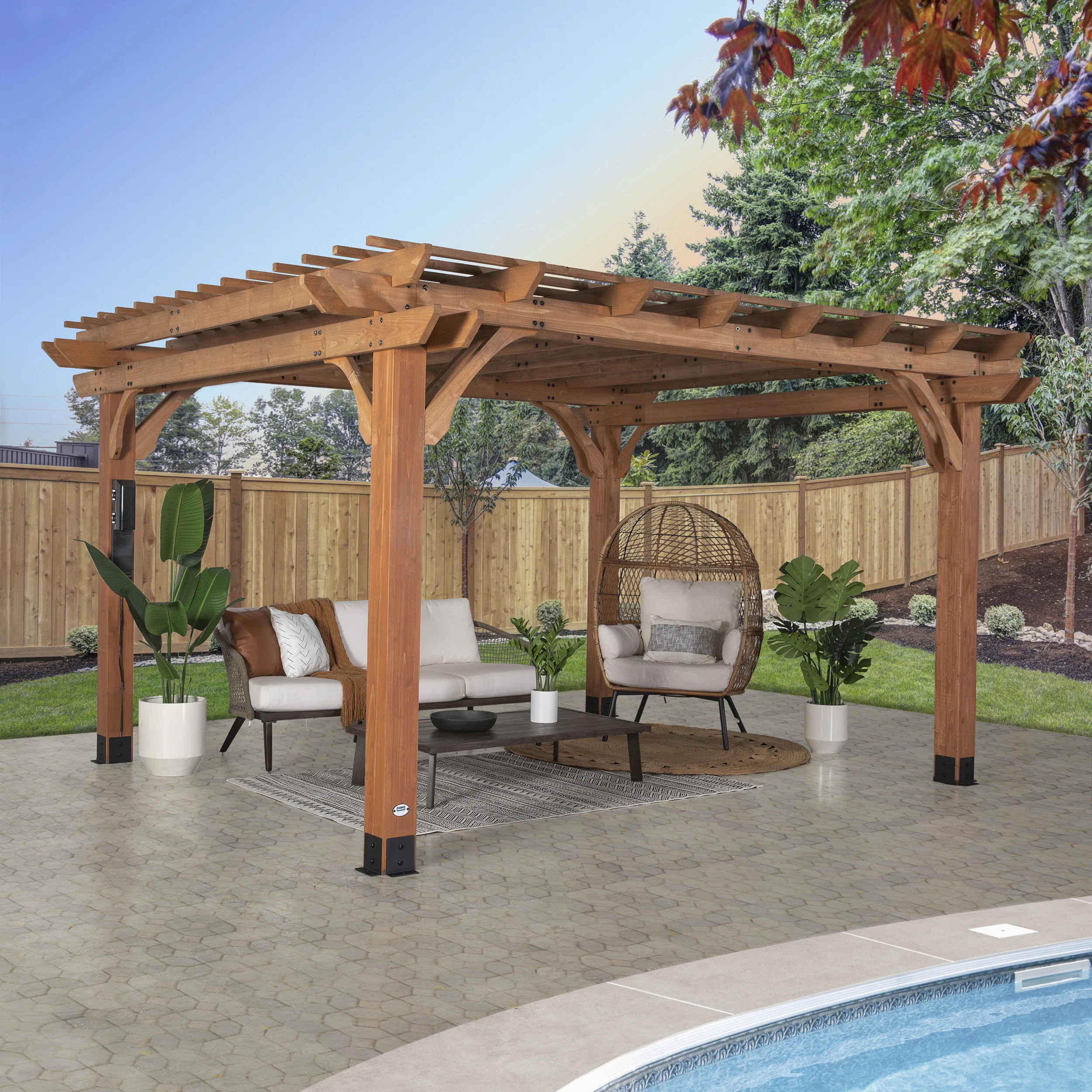 Backyard Discovery Beaumont 14' x 12' Cedar Wood Outdoor Patio Pergola Kit with Trellis Roof and ... | Wayfair North America
