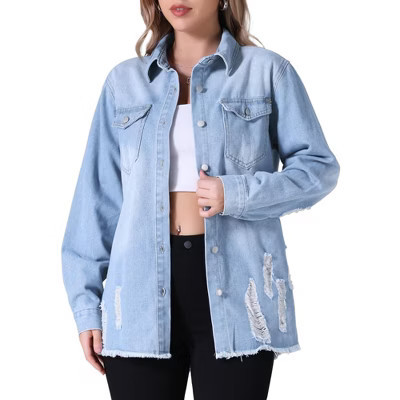 INSPIRE CHIC Women's Frayed Hem Long Sleeve Button Up Oversized Denim Jackets with Pockets Light Blue X-Large | Target