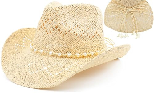 BESOOGII Straw Beach Cowboy Hat for Women Shapeable Brim Western Cowgirl Hat (US, Alpha, One Size, Beige) | Amazon (US)