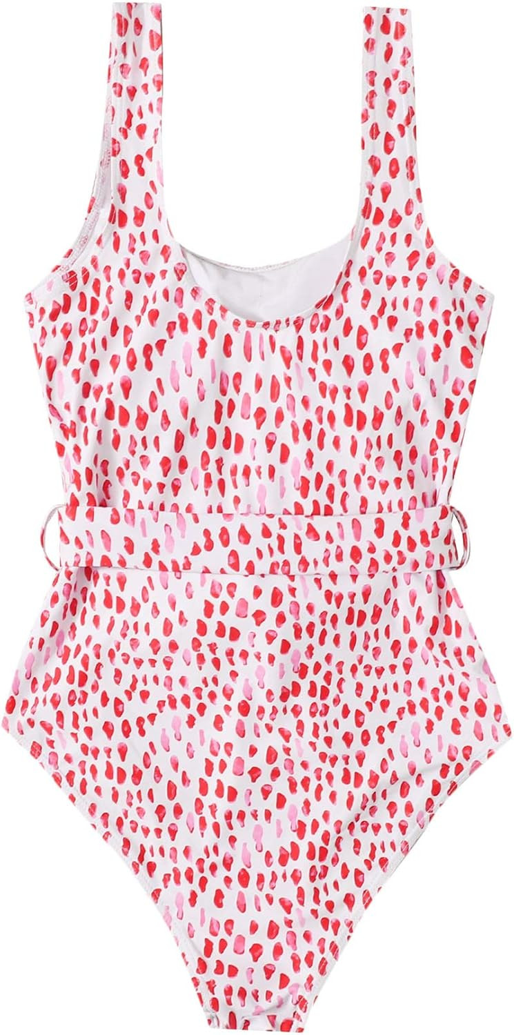 SweatyRocks Women's One Piece Swimsuit Cute Belted All Over Print Swimwear Monokini | Amazon (US)