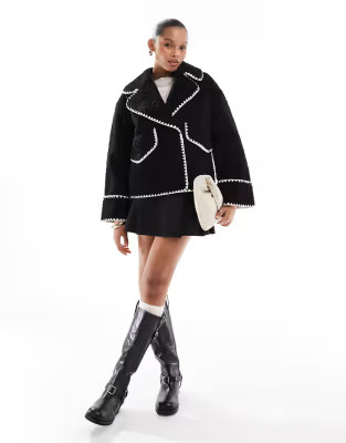 Object borg teddy aviator jacket with contrast stitch in black | ASOS | ASOS (Global)