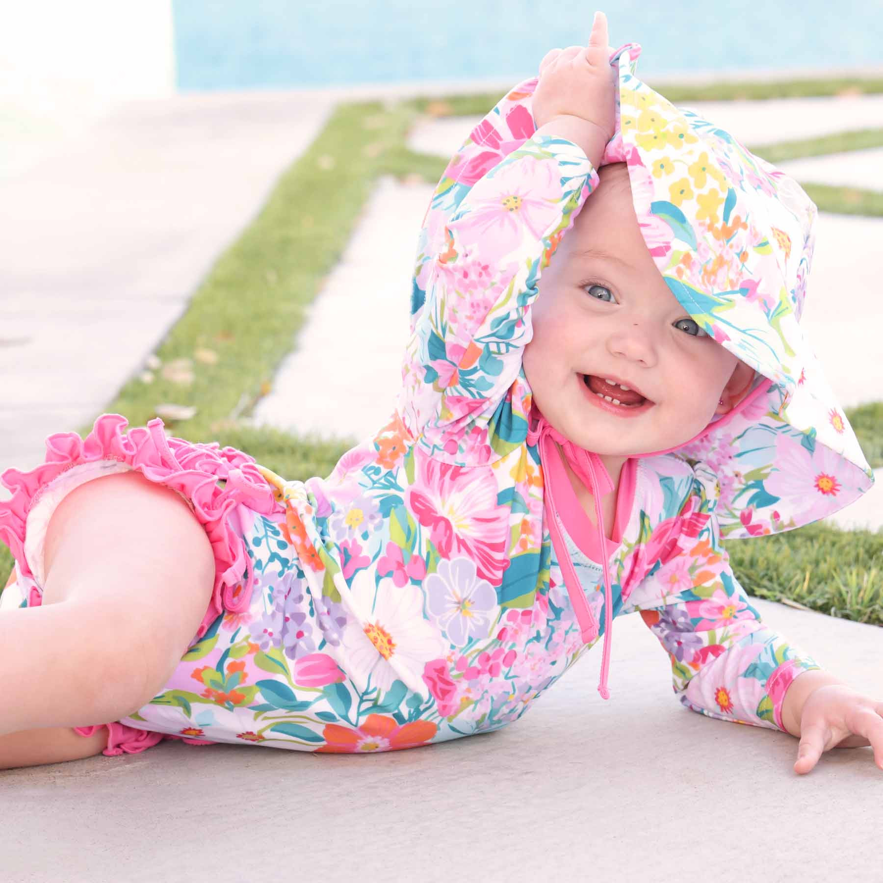 Long Sleeve Rash Guard With Ruffle Bottom | Seaside Blooms | Caden Lane